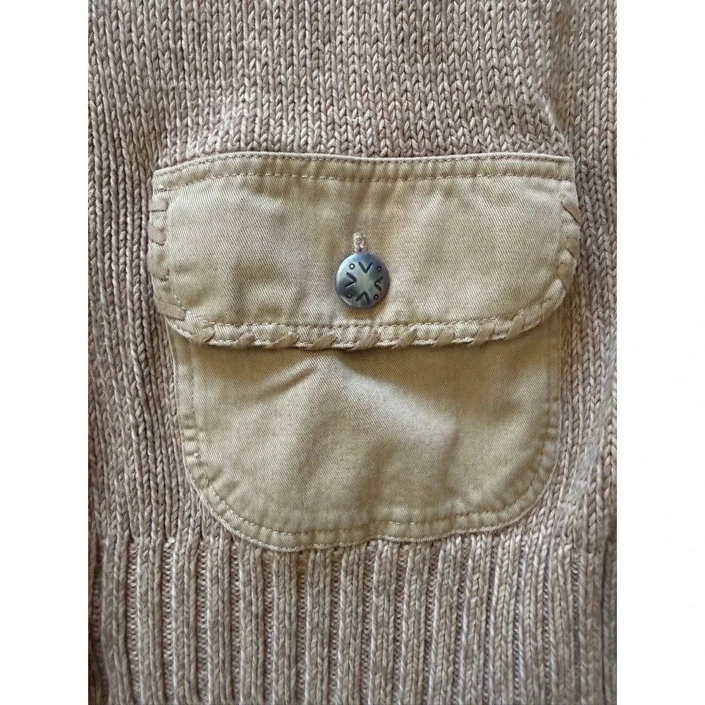 Tan Knit‎ Button Front Cardigan Sweater Canvas Shoulder Patches Metal Buttons
